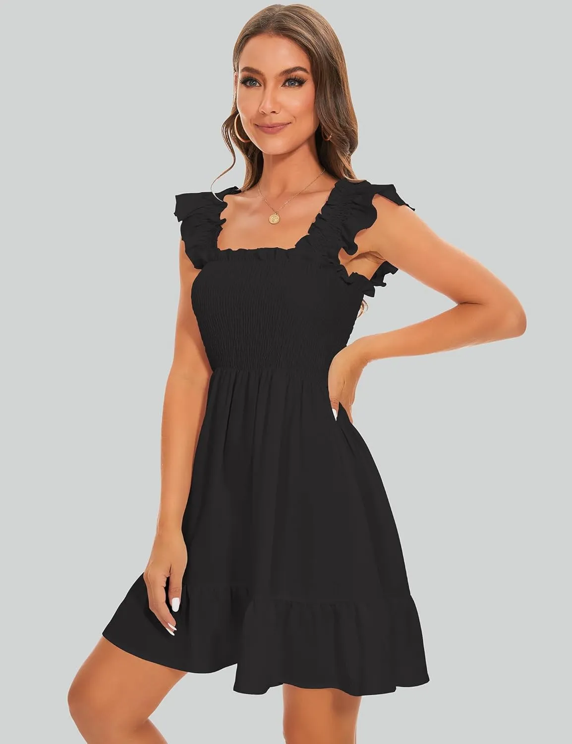 ROYLAMP Women's Smocked Dresses Square Neck Elegant Tiered Boho Ruffle Shoulder Swing Flowy Summer Casual Mini Dress