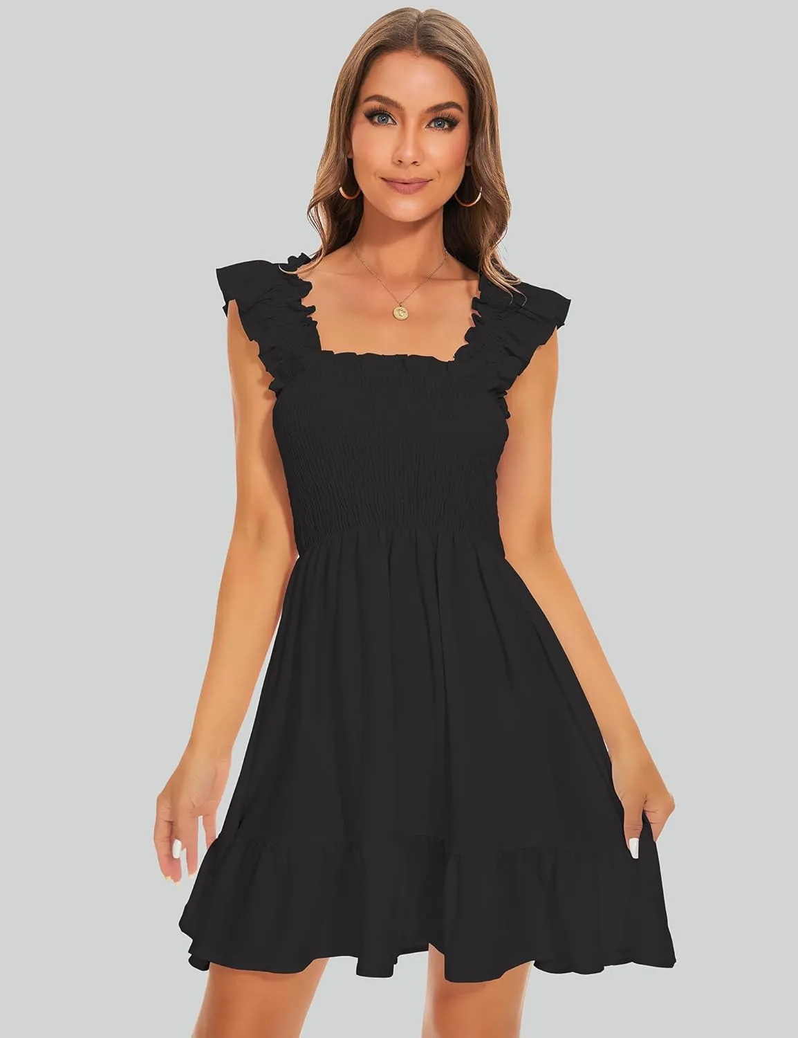 ROYLAMP Women's Smocked Dresses Square Neck Elegant Tiered Boho Ruffle Shoulder Swing Flowy Summer Casual Mini Dress