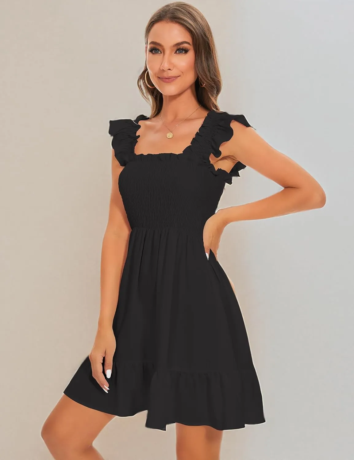 ROYLAMP Women's Smocked Dresses Square Neck Elegant Tiered Boho Ruffle Shoulder Swing Flowy Summer Casual Mini Dress