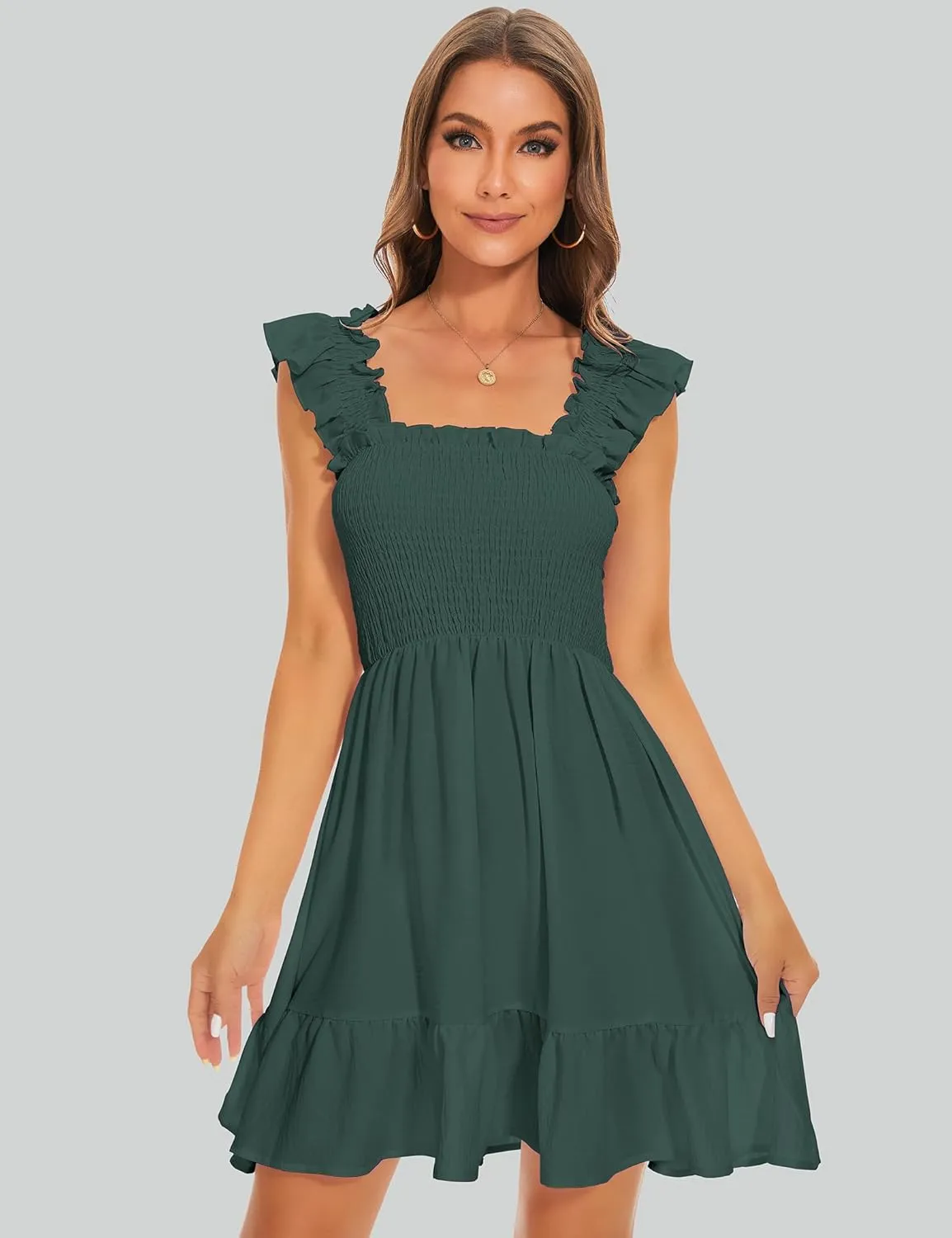 ROYLAMP Women's Smocked Dresses Square Neck Elegant Tiered Boho Ruffle Shoulder Swing Flowy Summer Casual Mini Dress