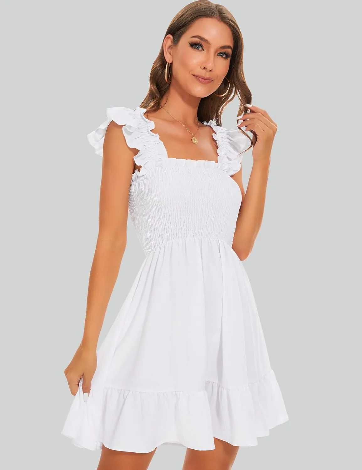 ROYLAMP Women's Smocked Dresses Square Neck Elegant Tiered Boho Ruffle Shoulder Swing Flowy Summer Casual Mini Dress