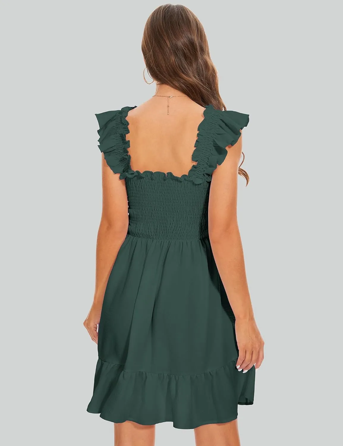 ROYLAMP Women's Smocked Dresses Square Neck Elegant Tiered Boho Ruffle Shoulder Swing Flowy Summer Casual Mini Dress