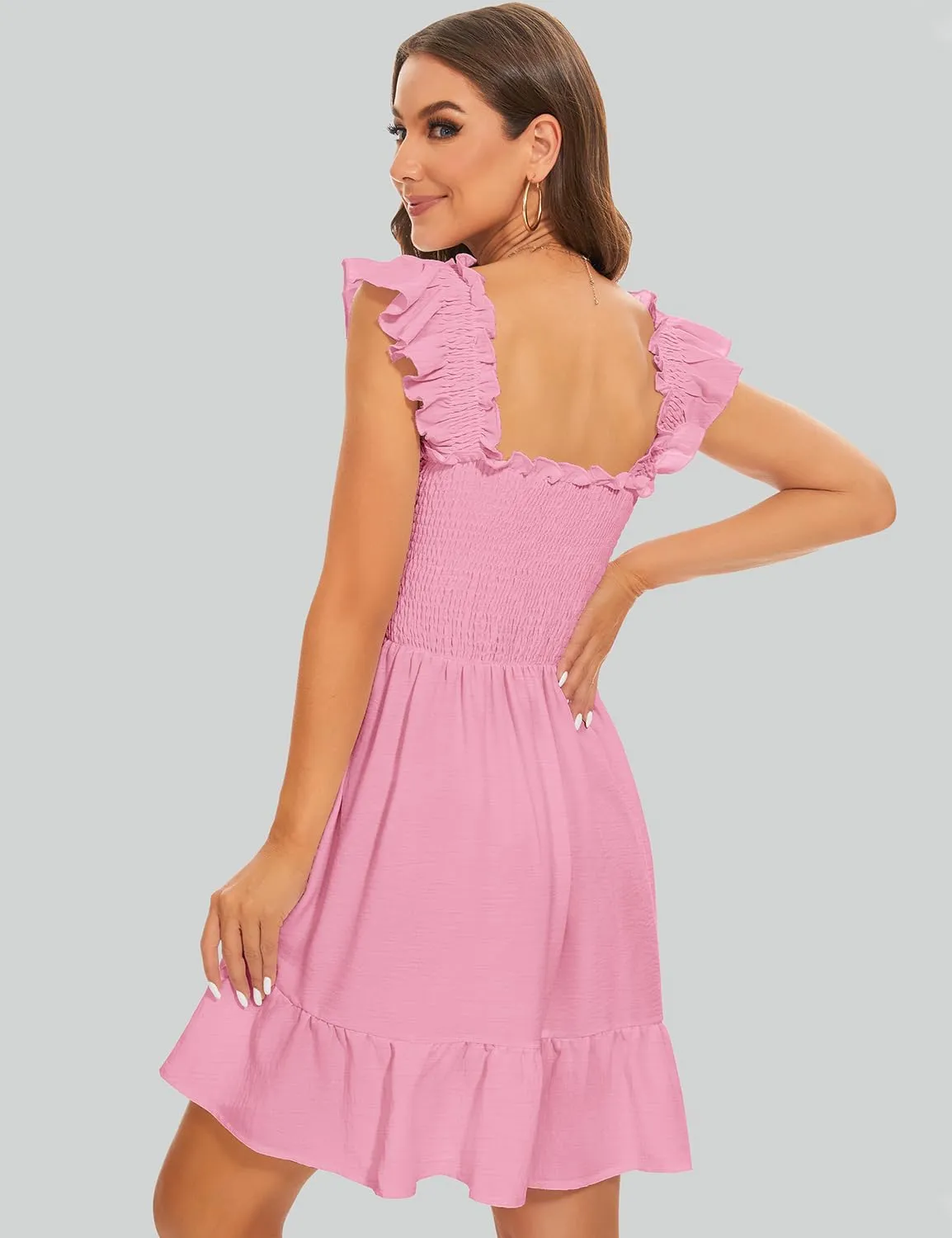 ROYLAMP Women's Smocked Dresses Square Neck Elegant Tiered Boho Ruffle Shoulder Swing Flowy Summer Casual Mini Dress