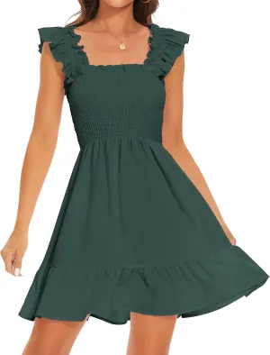ROYLAMP Women's Smocked Dresses Square Neck Elegant Tiered Boho Ruffle Shoulder Swing Flowy Summer Casual Mini Dress