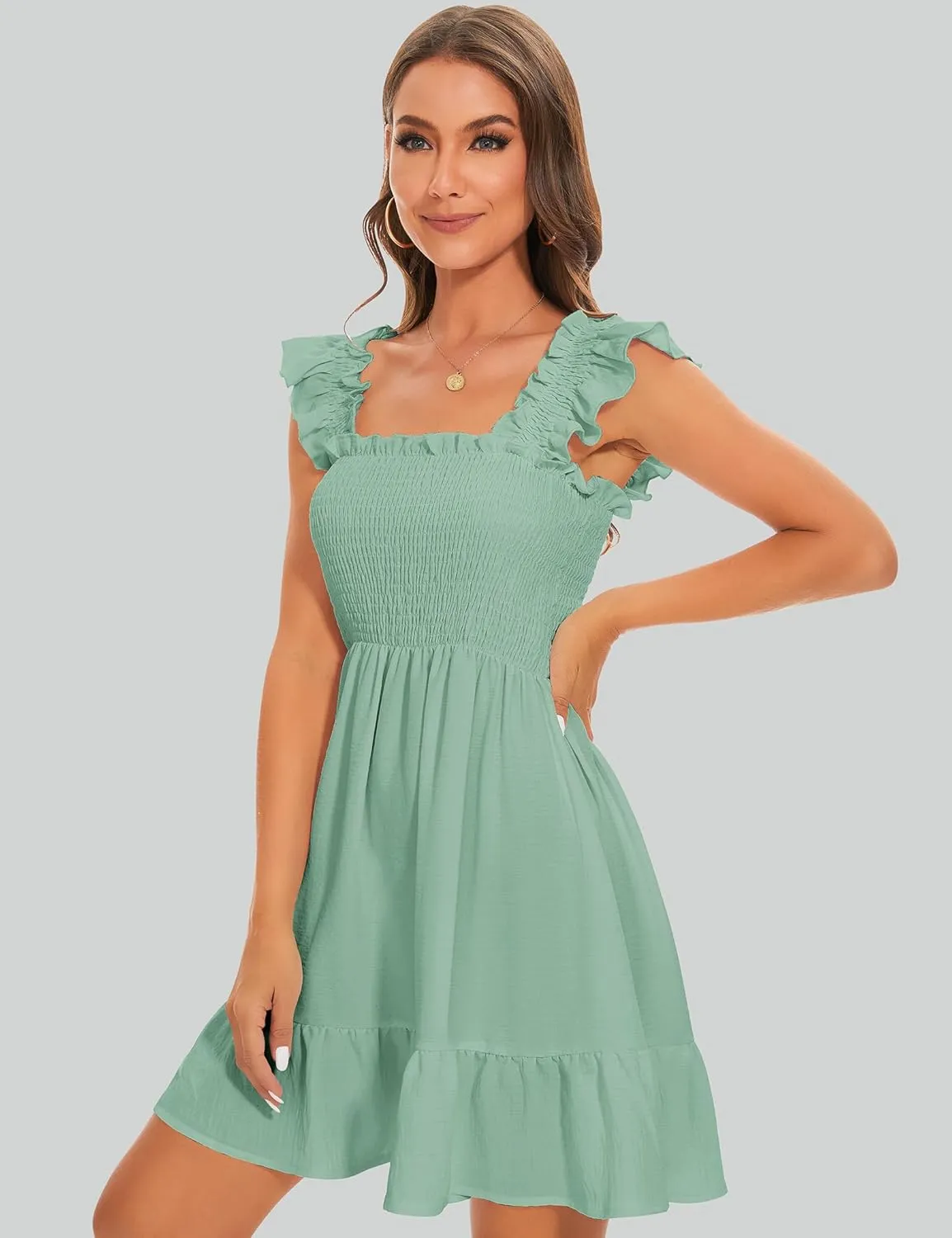 ROYLAMP Women's Smocked Dresses Square Neck Elegant Tiered Boho Ruffle Shoulder Swing Flowy Summer Casual Mini Dress