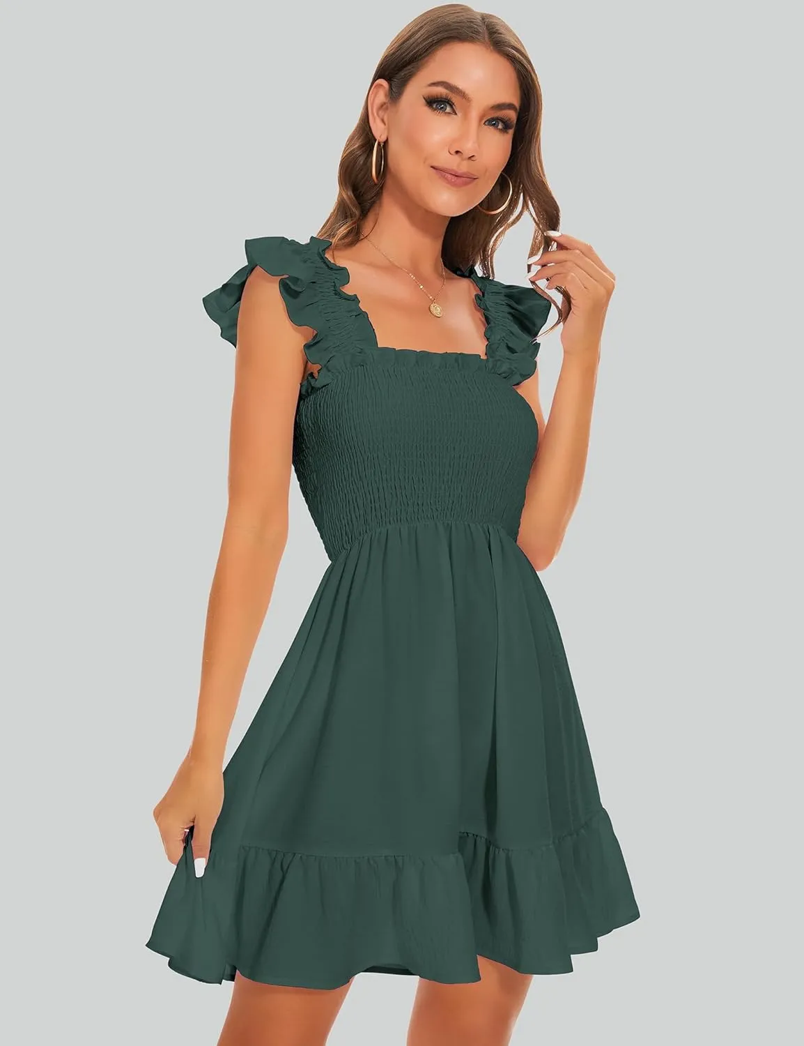 ROYLAMP Women's Smocked Dresses Square Neck Elegant Tiered Boho Ruffle Shoulder Swing Flowy Summer Casual Mini Dress