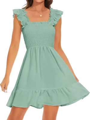 ROYLAMP Women's Smocked Dresses Square Neck Elegant Tiered Boho Ruffle Shoulder Swing Flowy Summer Casual Mini Dress