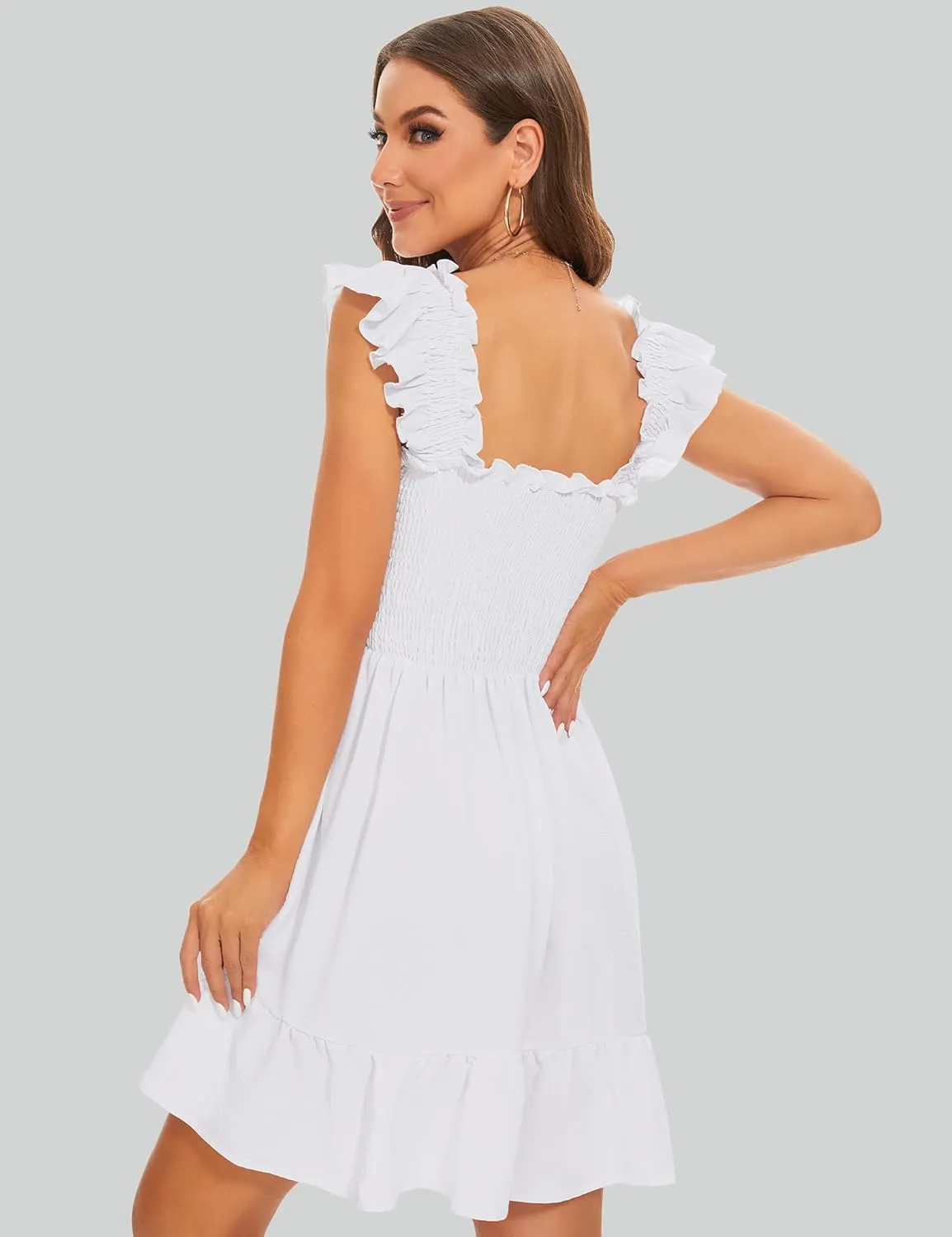 ROYLAMP Women's Smocked Dresses Square Neck Elegant Tiered Boho Ruffle Shoulder Swing Flowy Summer Casual Mini Dress