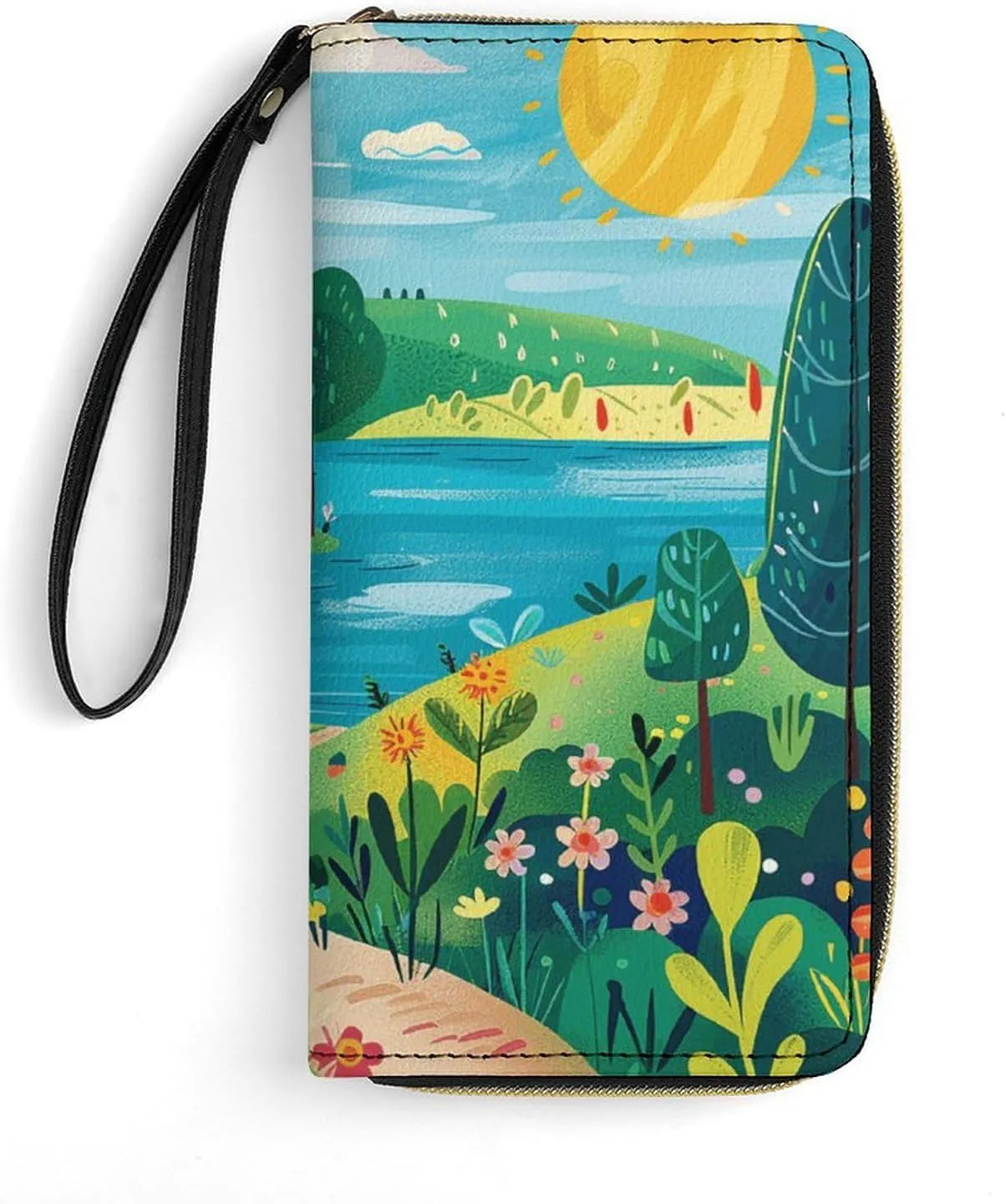 Rural Landscape Painting Leather Wallet Smooth Zip Around Clutch Wristlet Travel Long Soft Purse for Women