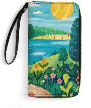 Rural Landscape Painting Leather Wallet Smooth Zip Around Clutch Wristlet Travel Long Soft Purse for Women