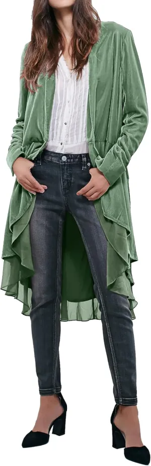 R.Vivimos Womens Ruffled Asymmetric Long Velvet Blazers Coat Casual Jackets