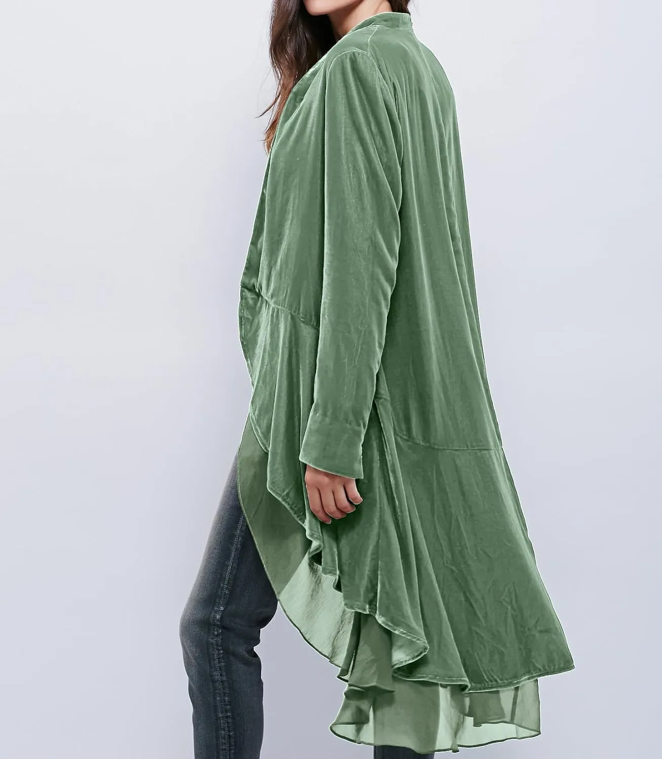 R.Vivimos Womens Ruffled Asymmetric Long Velvet Blazers Coat Casual Jackets