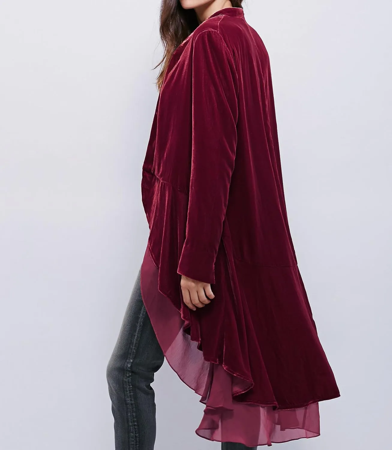 R.Vivimos Womens Ruffled Asymmetric Long Velvet Blazers Coat Casual Jackets