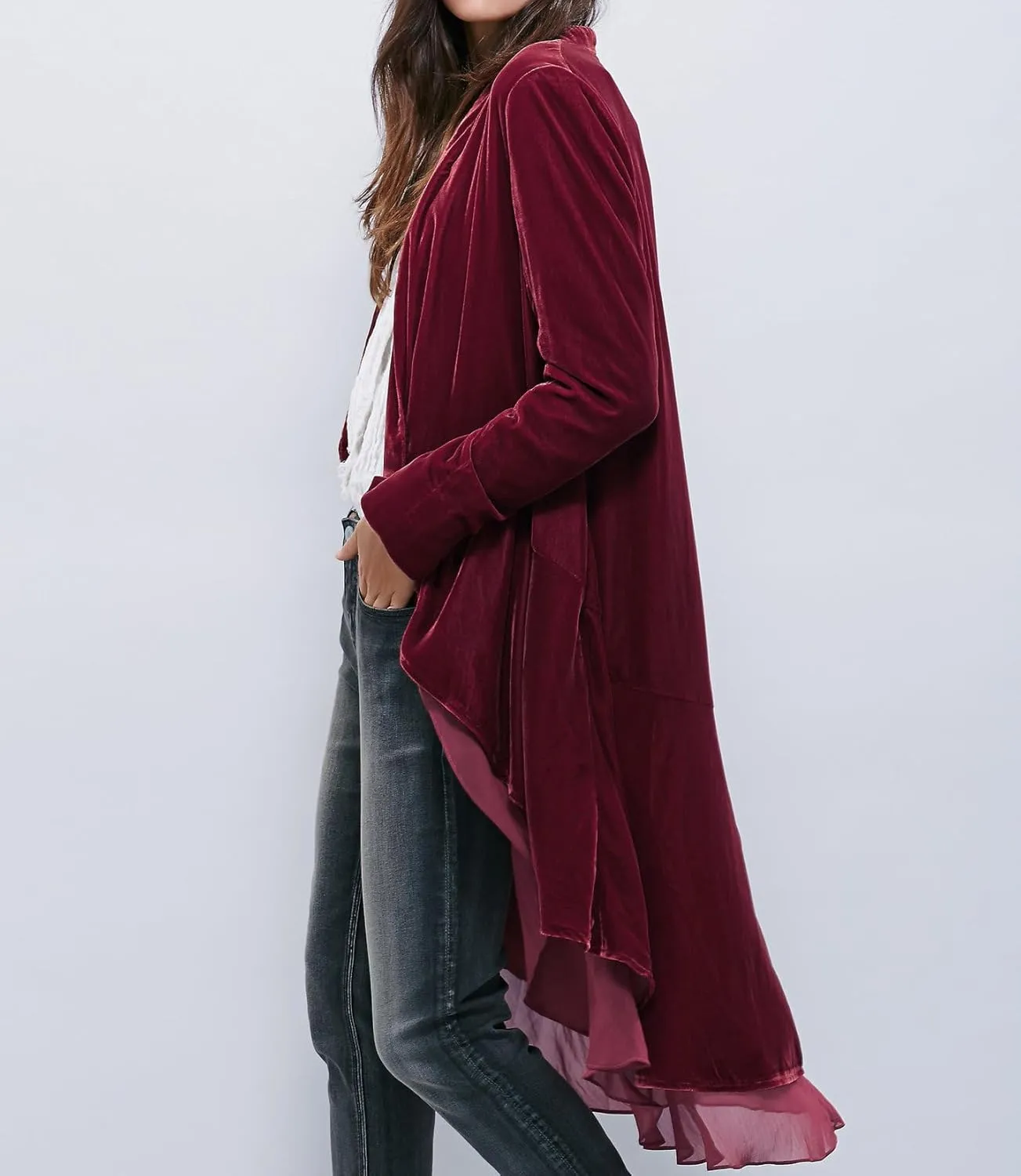 R.Vivimos Womens Ruffled Asymmetric Long Velvet Blazers Coat Casual Jackets