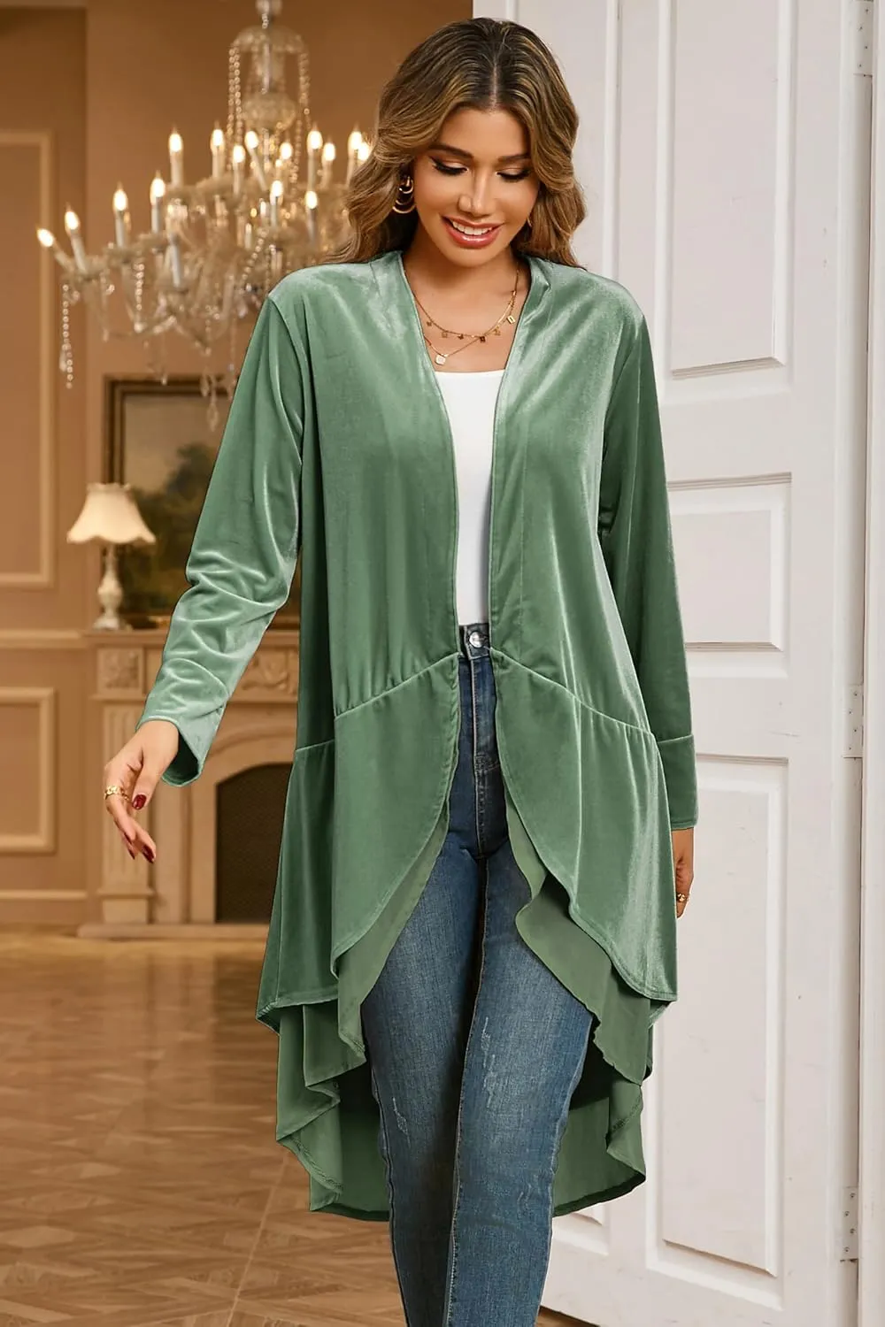 R.Vivimos Womens Ruffled Asymmetric Long Velvet Blazers Coat Casual Jackets