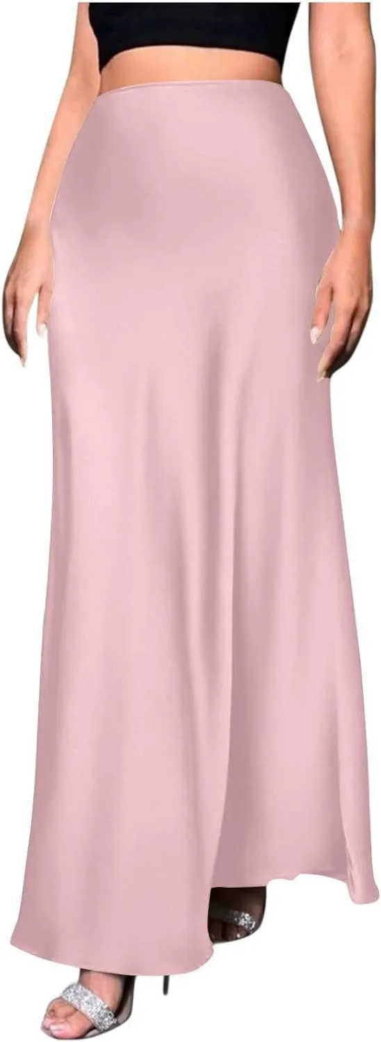 Satin Maxi Skirt Women High A-Line Long Skirt Sleek Elegant Light Blue