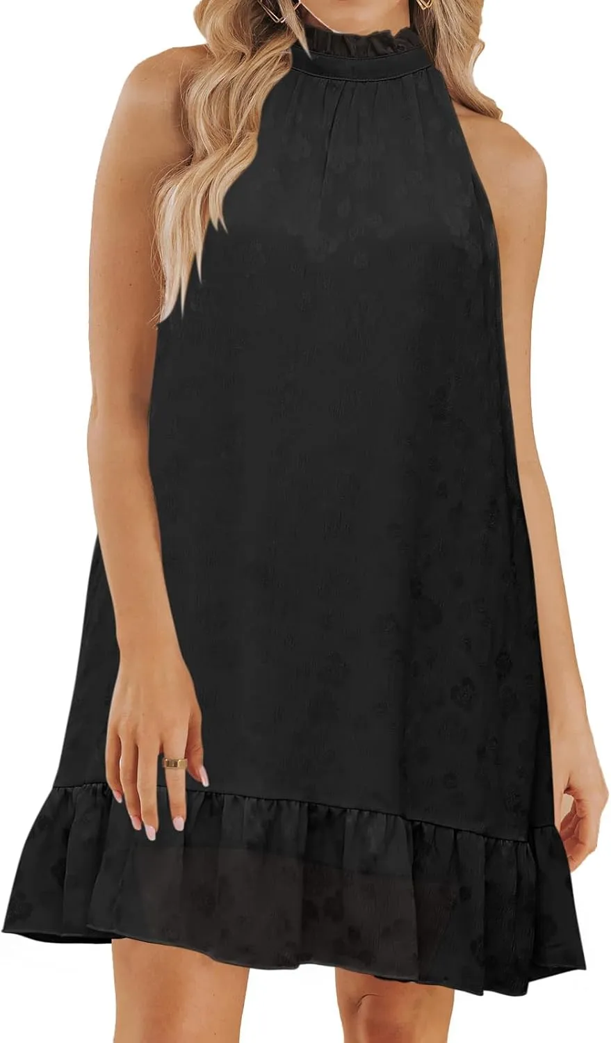 SENFURE Women Summer Halter Dress Cute Mini Flowy Dresses Sundress Cute Floral Short Chiffon Tiered Maternity Dress Black