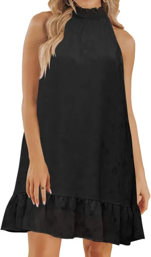 SENFURE Women Summer Halter Dress Cute Mini Flowy Dresses Sundress Cute Floral Short Chiffon Tiered Maternity Dress Black