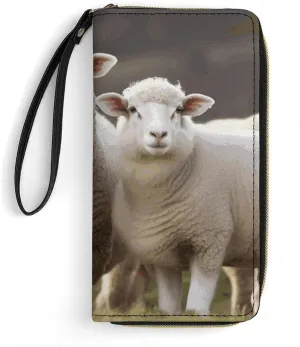 Sheep And Lambs Leather Wallet Smooth Zip Around Clutch Wristlet Travel Long Soft Purse for Women