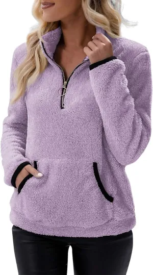 Sherpa 1/4 Zip Pullover Women Fleece Quarter Zip Sweatshirts Lightweight Casual Fluffy Sweaters Fall Winter Clothes