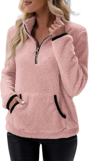 Sherpa 1/4 Zip Pullover Women Fleece Quarter Zip Sweatshirts Lightweight Casual Fluffy Sweaters Fall Winter Clothes