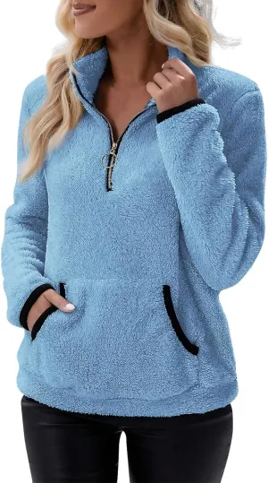 Sherpa 1/4 Zip Pullover Women Fleece Quarter Zip Sweatshirts Lightweight Casual Fluffy Sweaters Fall Winter Clothes