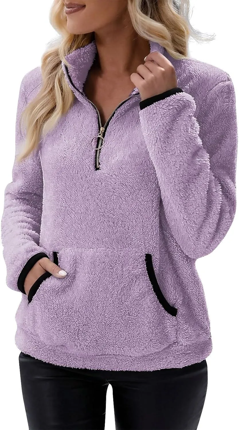Sherpa 1/4 Zip Pullover Women Fleece Quarter Zip Sweatshirts Lightweight Casual Fluffy Sweaters Fall Winter Clothes