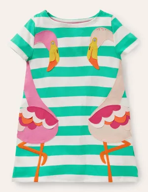 Short Sleeve Appliqué Tunic-Tropical Green/ Ivory Flamingo