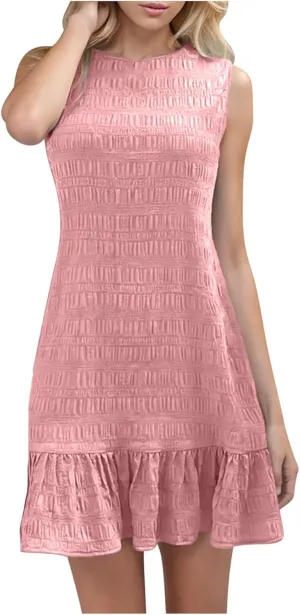Sleeveless Tank Dresses for Women Summer Ruffle Hem Sundress Casual Mini Dress Solid Color Round Neck Dress 2025