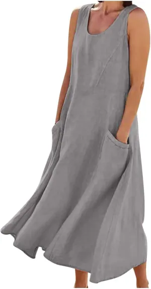 SMIDOW Cotton Linen Long Dresses for Women Casual Summer 2023 Beach Flowy Tshirt Sundress Sleeveless Tank Dress with Pockets
