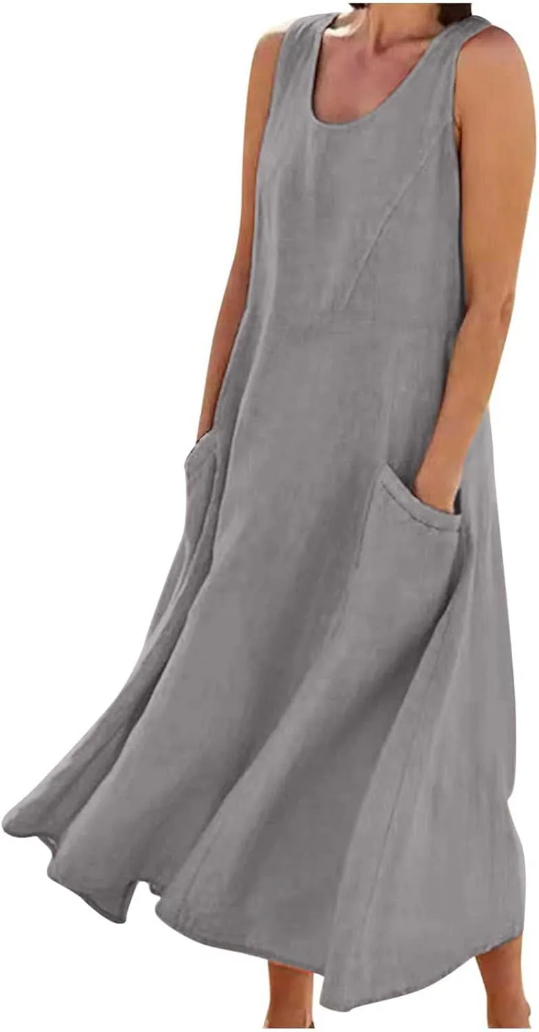 SMIDOW Cotton Linen Long Dresses for Women Casual Summer 2023 Beach Flowy Tshirt Sundress Sleeveless Tank Dress with Pockets