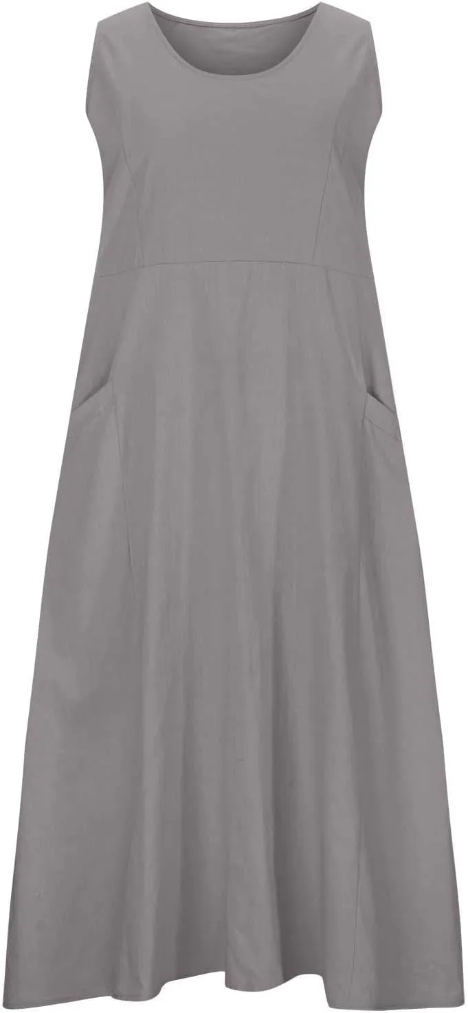 SMIDOW Cotton Linen Long Dresses for Women Casual Summer 2023 Beach Flowy Tshirt Sundress Sleeveless Tank Dress with Pockets