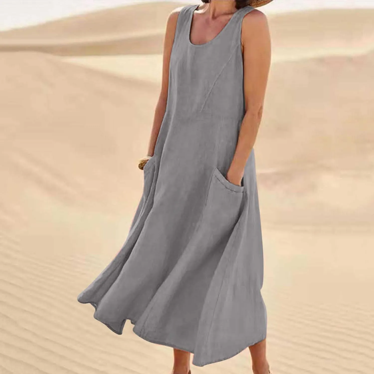 SMIDOW Cotton Linen Long Dresses for Women Casual Summer 2023 Beach Flowy Tshirt Sundress Sleeveless Tank Dress with Pockets