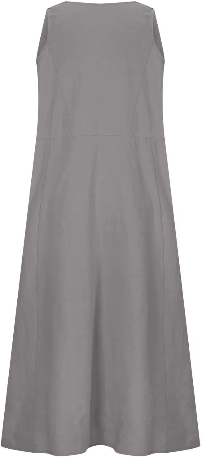 SMIDOW Cotton Linen Long Dresses for Women Casual Summer 2023 Beach Flowy Tshirt Sundress Sleeveless Tank Dress with Pockets
