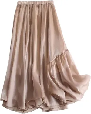 Smooth Satin Skirts Women Spring Summer Fashion Mid-Length A-Line Pleated Skirt