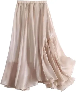 Smooth Satin Skirts Women Spring Summer Fashion Mid-Length A-Line Pleated Skirt