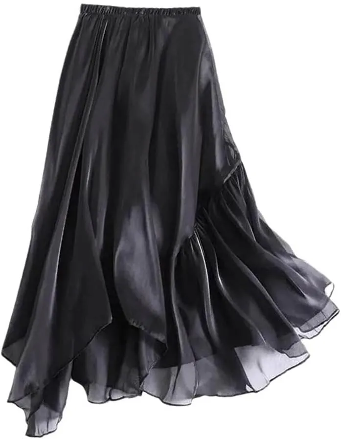 Smooth Satin Skirts Women Spring Summer Fashion Mid-Length A-Line Pleated Skirt
