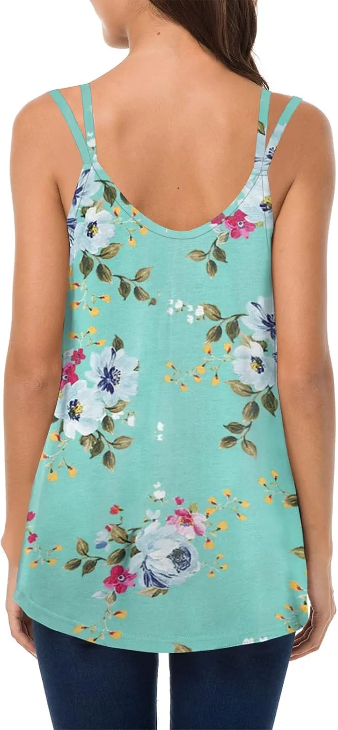 Soesdemo Dressy Tank Top for Women Casual Summer Floral Rhinestones Spaghetti Strap V Neck Sleeveless Tunic for Leggings