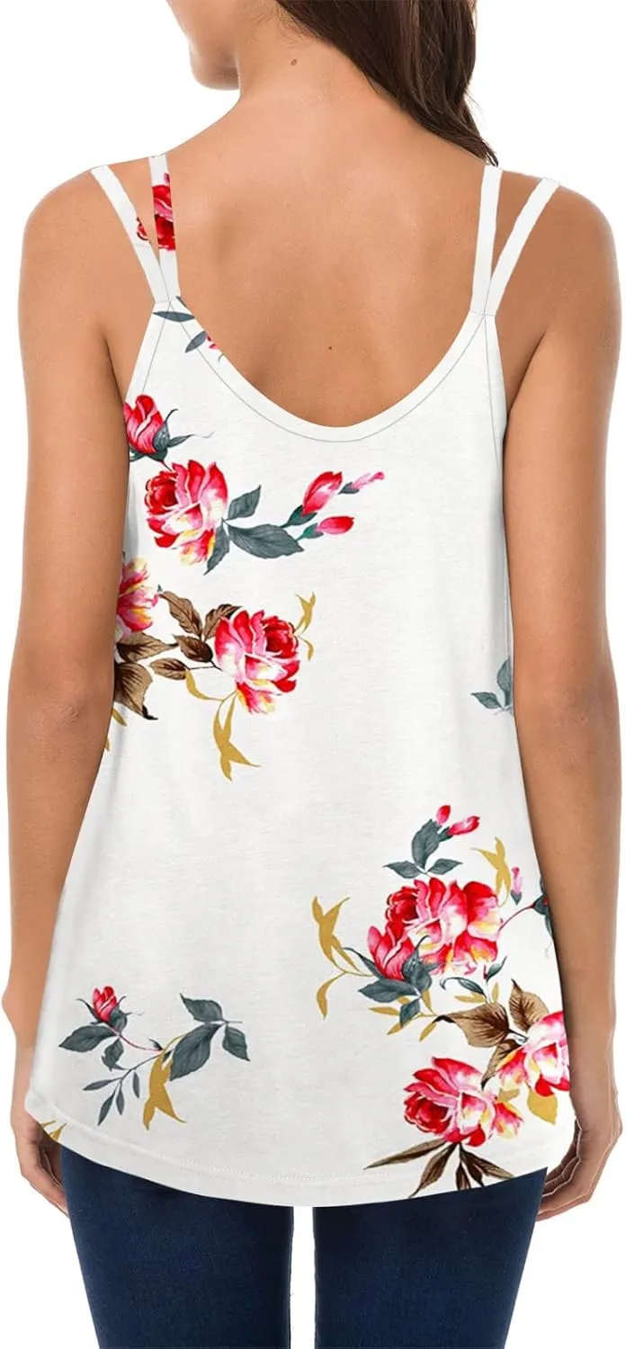 Soesdemo Dressy Tank Top for Women Casual Summer Floral Rhinestones Spaghetti Strap V Neck Sleeveless Tunic for Leggings