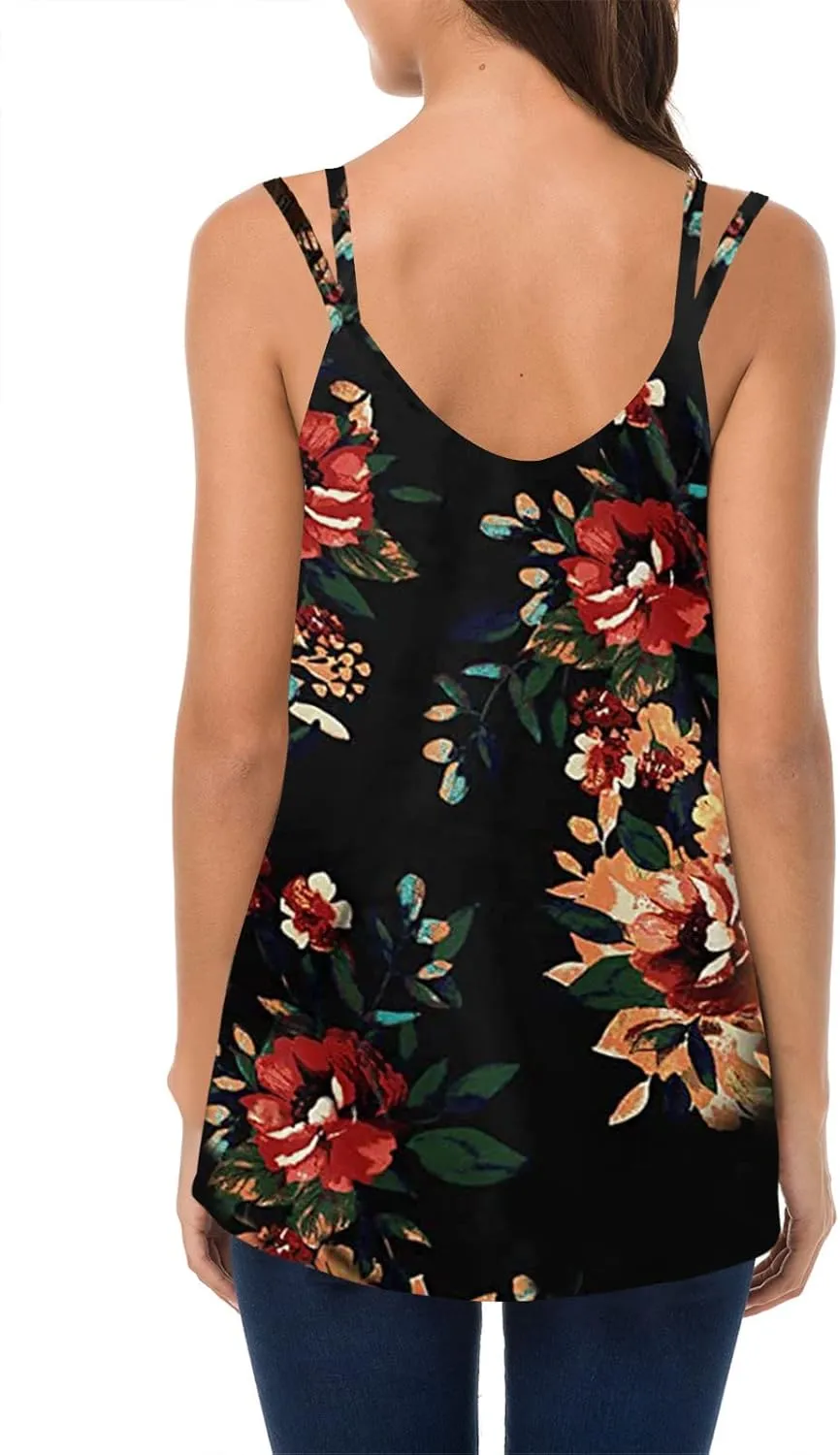 Soesdemo Dressy Tank Top for Women Casual Summer Floral Rhinestones Spaghetti Strap V Neck Sleeveless Tunic for Leggings
