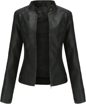 Spring Autumn Woman Leather Jacket Slim Stand Collar Solid Faux Locomotive Oversize PU Coat Tops