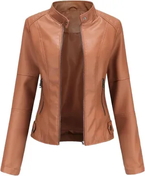 Spring Autumn Woman Leather Jacket Slim Stand Collar Solid Faux Locomotive Oversize PU Coat Tops