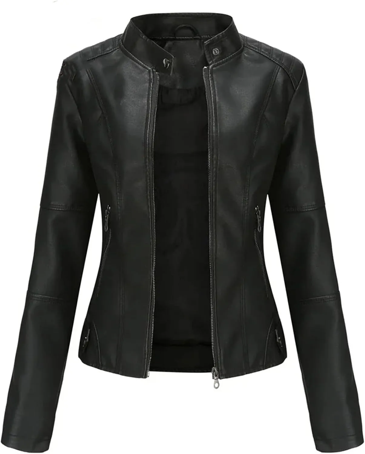 Spring Autumn Woman Leather Jacket Slim Stand Collar Solid Faux Locomotive Oversize PU Coat Tops
