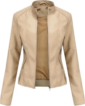Spring Autumn Woman Leather Jacket Slim Stand Collar Solid Faux Locomotive Oversize PU Coat Tops