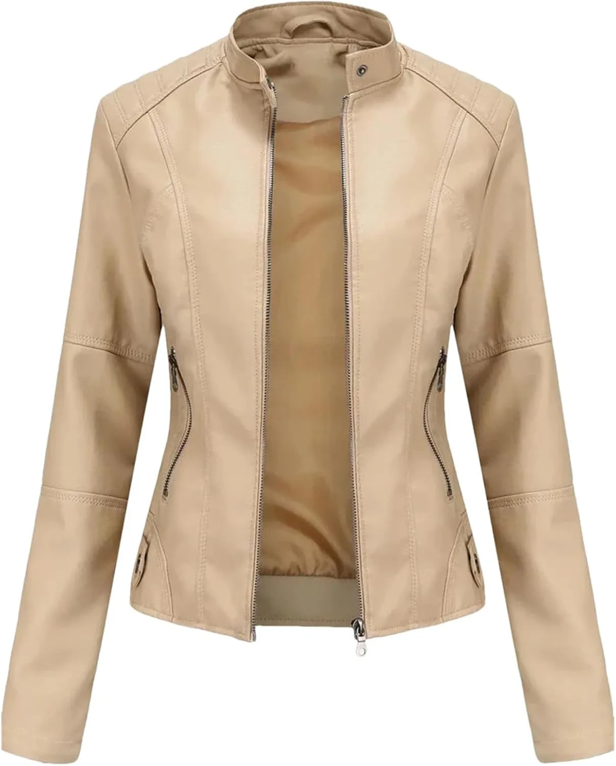 Spring Autumn Woman Leather Jacket Slim Stand Collar Solid Faux Locomotive Oversize PU Coat Tops