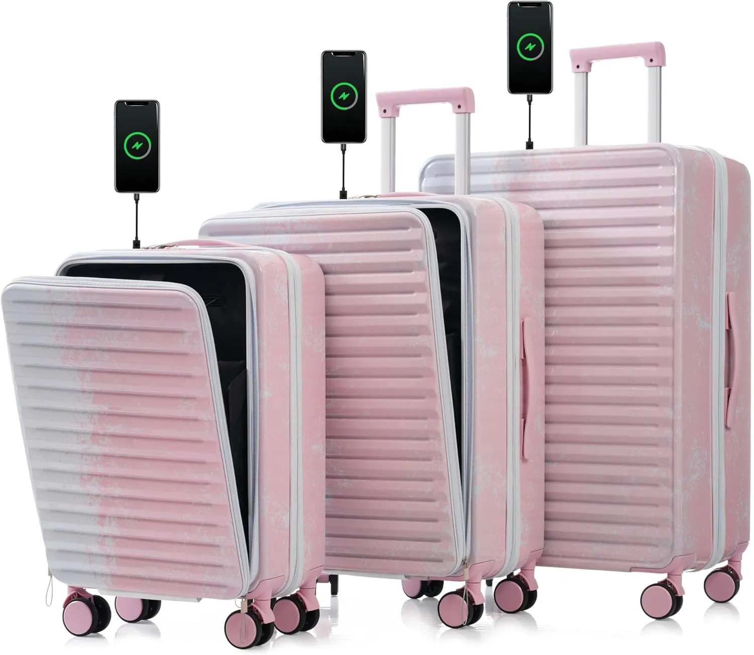 Stylish 3-Piece Hard Shell Luggage Set with USB Charging, Front Pocket, and Smooth Wheels - Gradient Pink