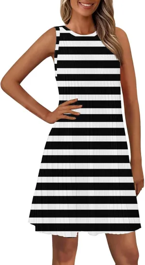 Summer Dresses for Women 2025 Loose Beach Vacation Casual Crew Neck Casual Boho Dress Sleeveless Sundresses with Pockets