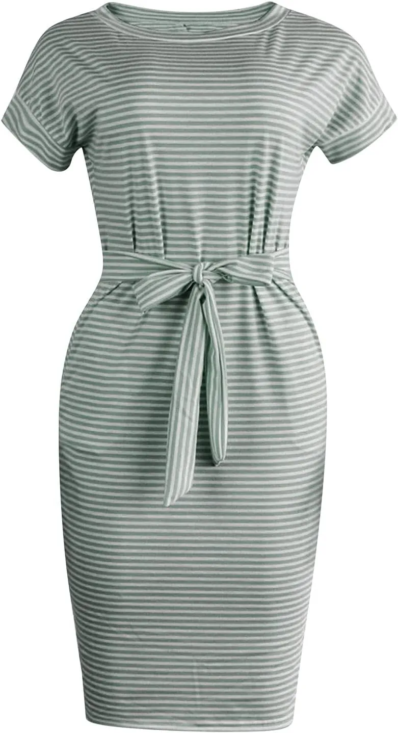 Summer Dresses for Women 2025 Striped Short Sleeve T Shirt Midi Dress Casual Tie Waist Trendy Tunic Beach Sundress