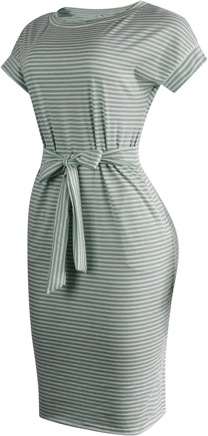 Summer Dresses for Women 2025 Striped Short Sleeve T Shirt Midi Dress Casual Tie Waist Trendy Tunic Beach Sundress