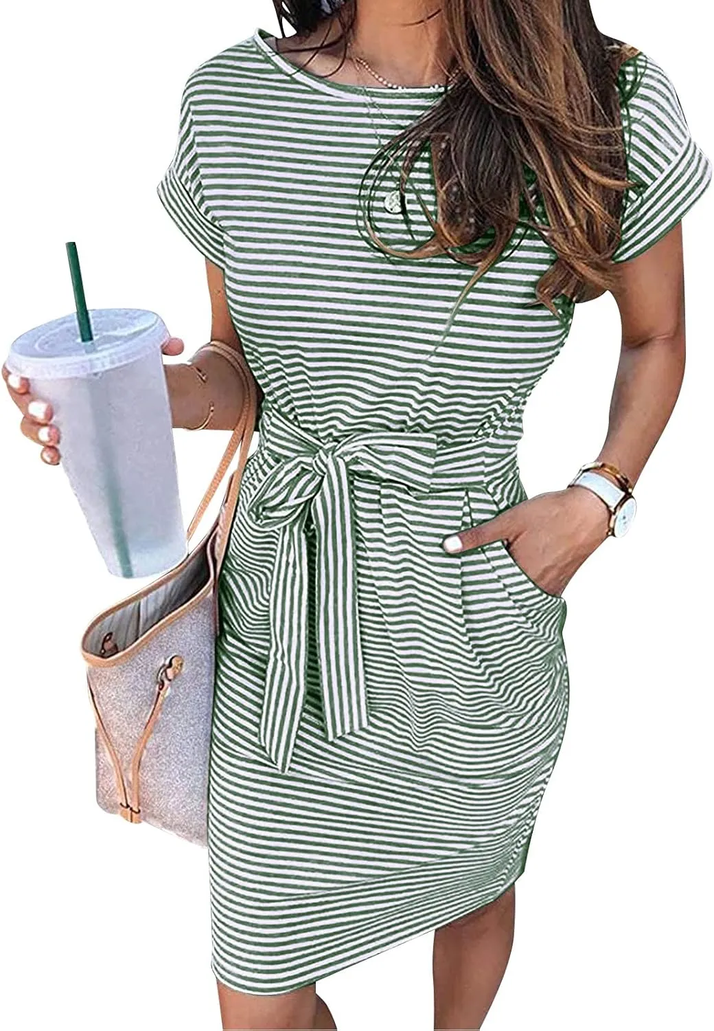 Summer Dresses for Women 2025 Striped Short Sleeve T Shirt Midi Dress Casual Tie Waist Trendy Tunic Beach Sundress